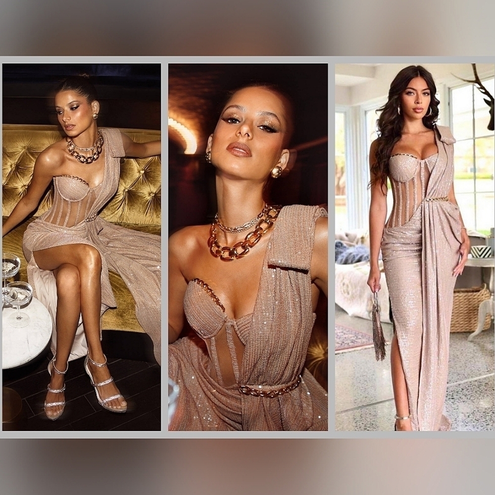 Eliya the Label Annalise Corset Gown Dress Sequin Champagne Large NWT